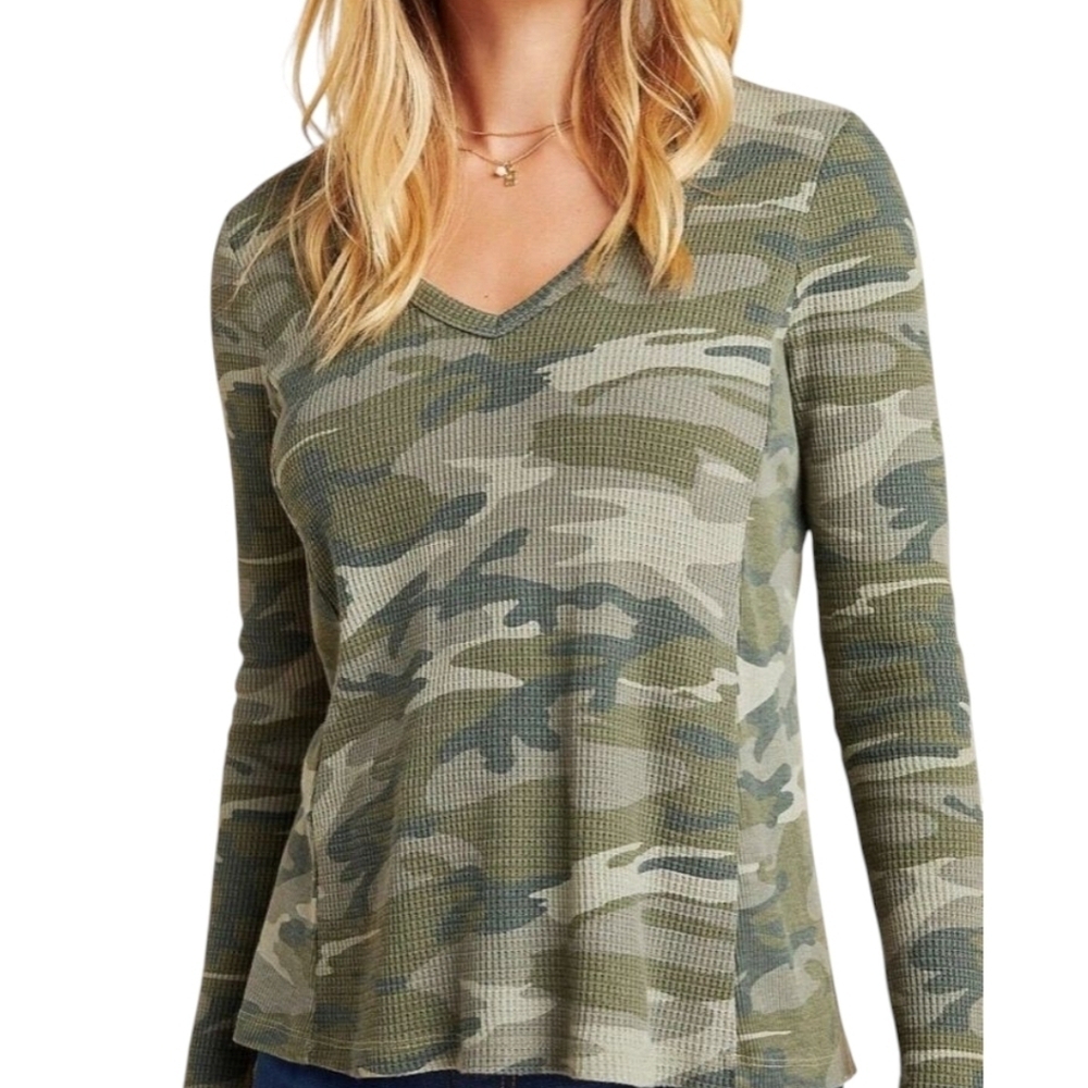 Anthropologie T La Vicky Thermal Top Women Small Green Camo Y2K